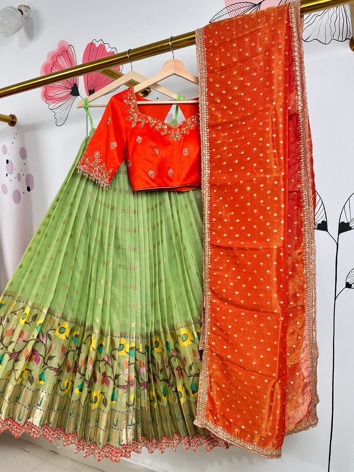 Green and Red Jari Kota Lehenga