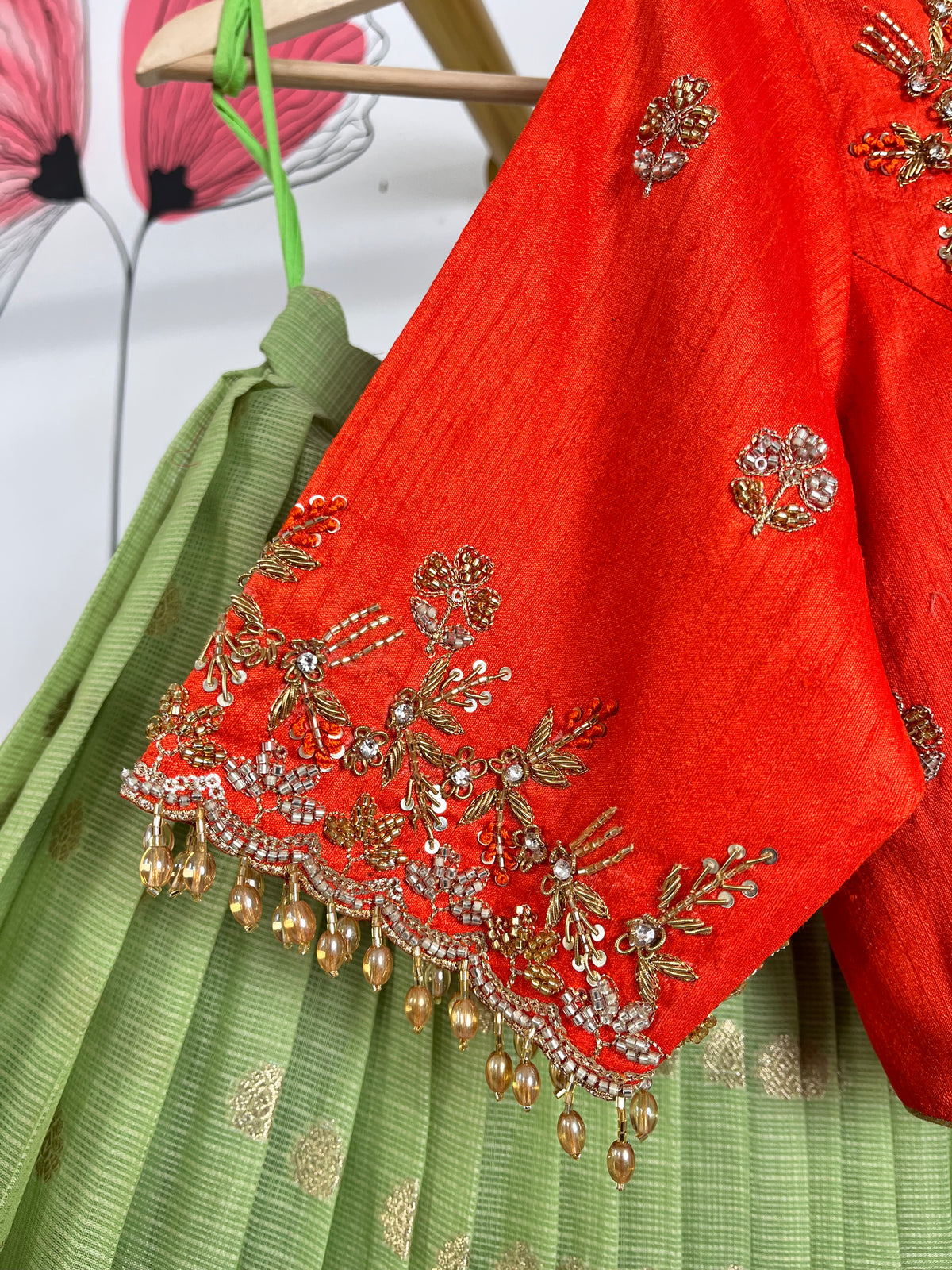 Green and Red Jari Kota Lehenga