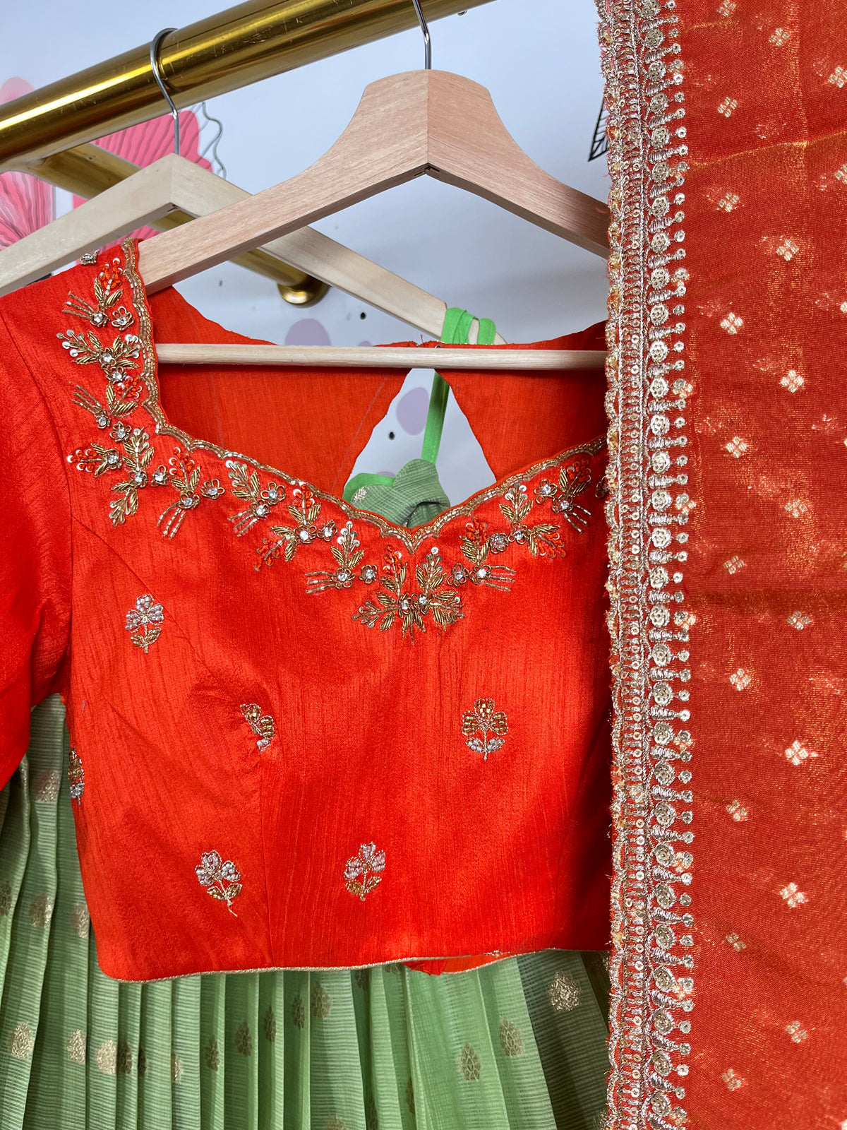 Green and Red Jari Kota Lehenga