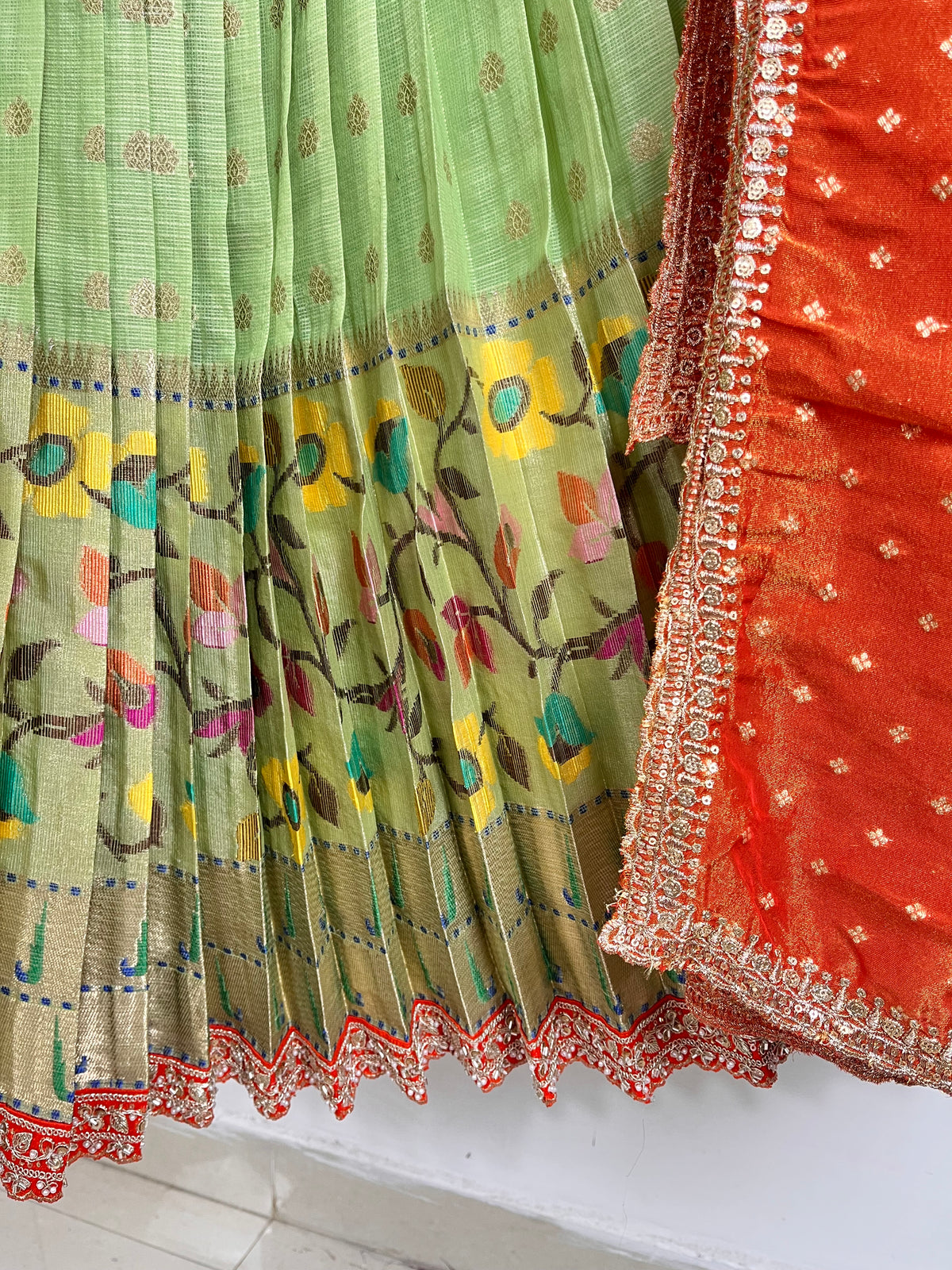 Green and Red Jari Kota Lehenga