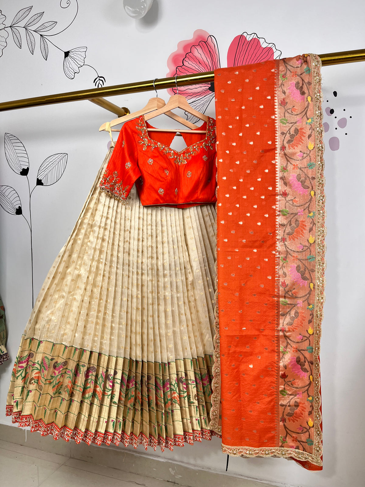 Half While and Orange Jari Kota Lehenga