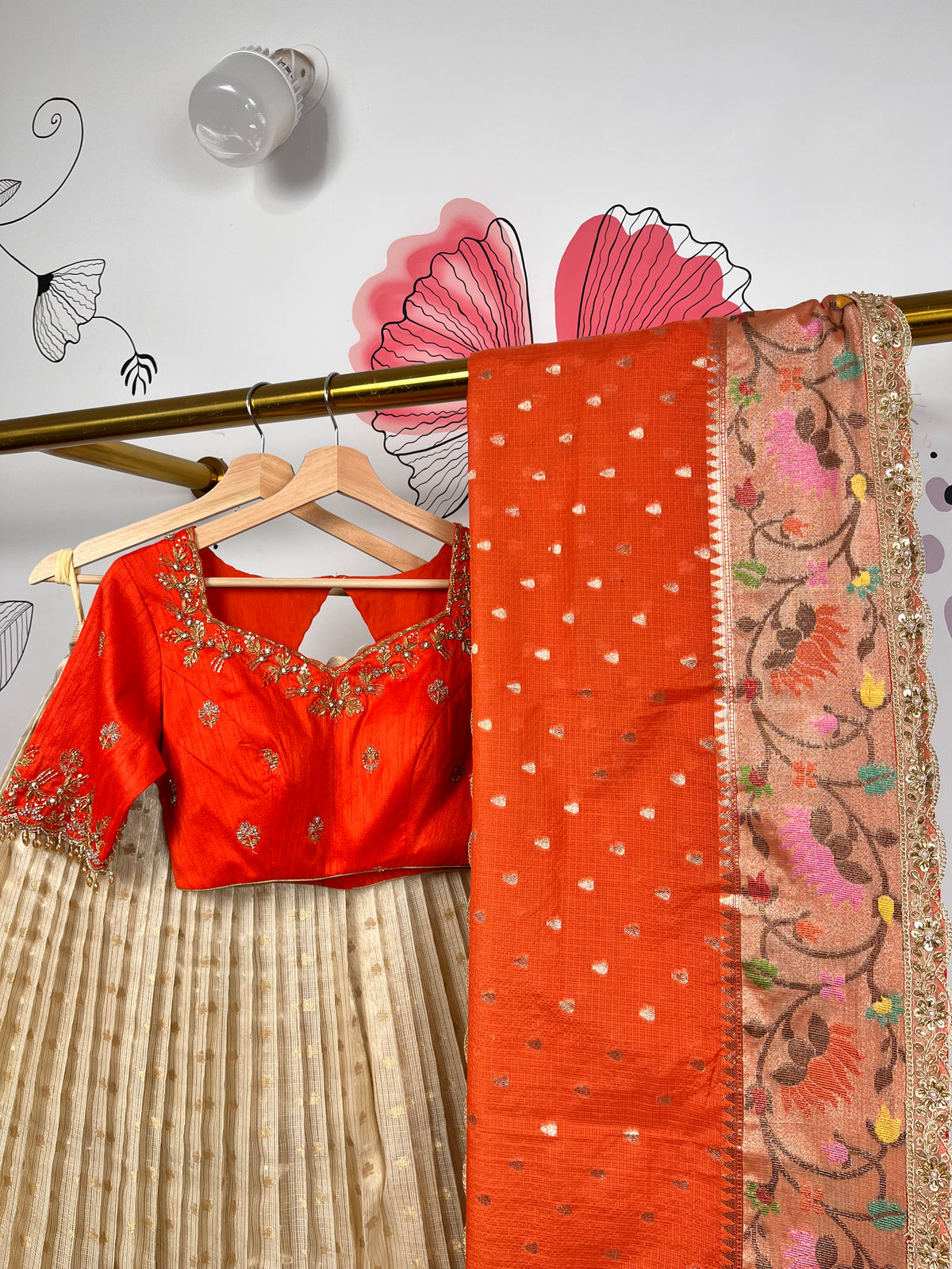 Half While and Orange Jari Kota Lehenga