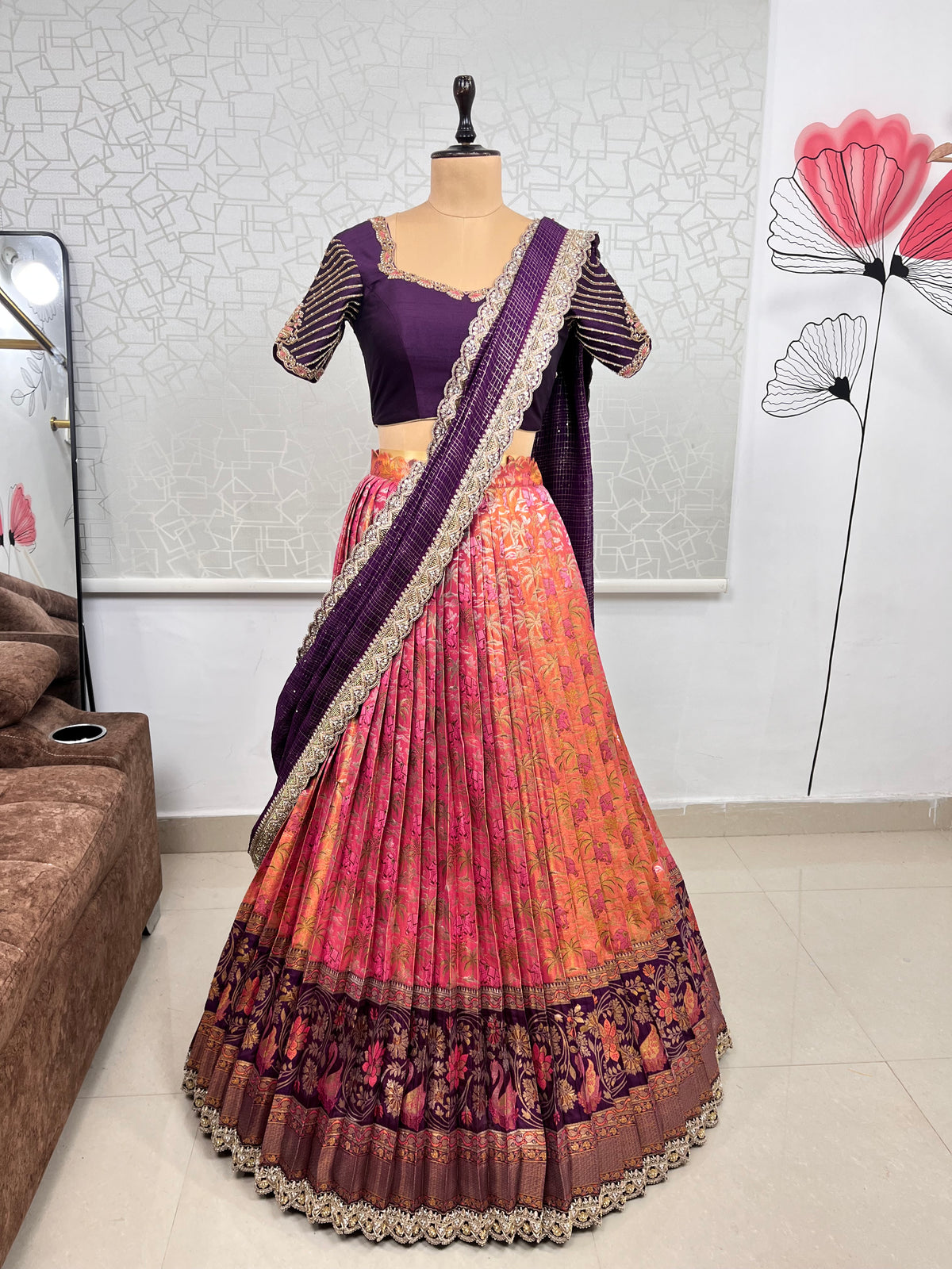 Peach and Wine Kanjeevaram Kanchi Pattu Lehenga