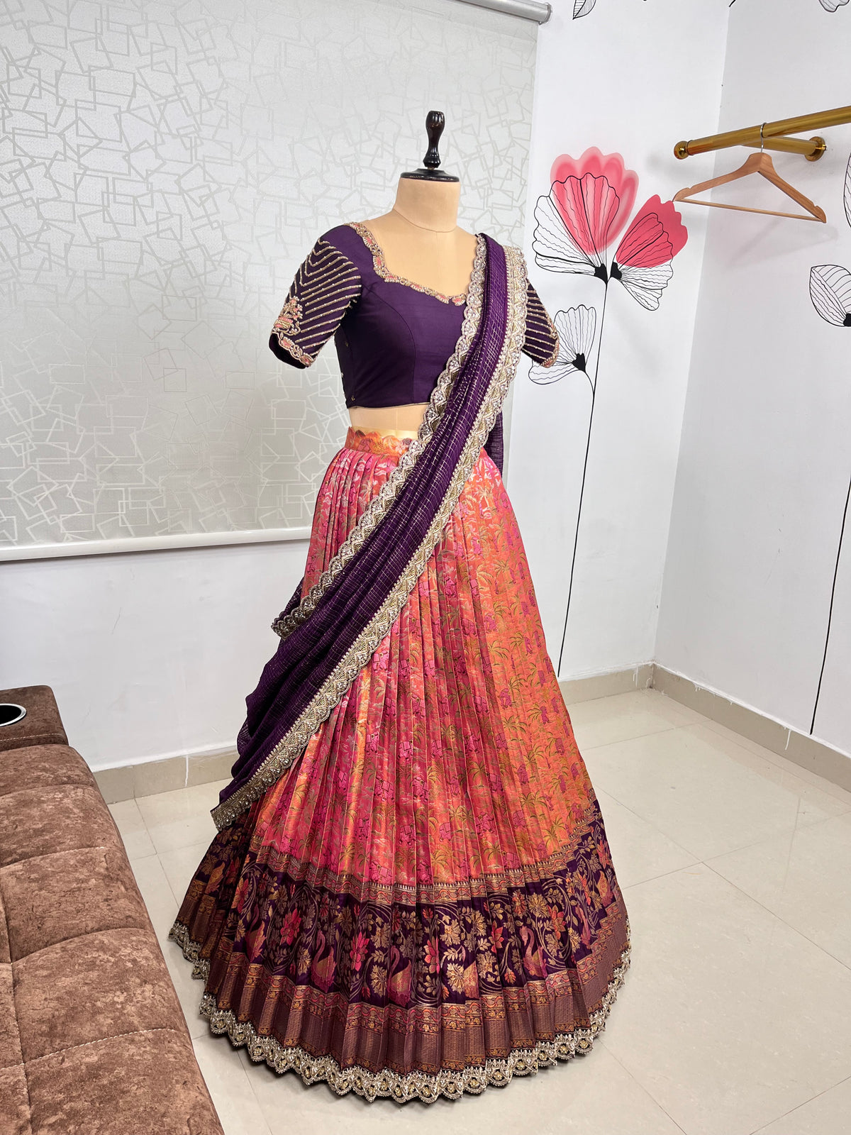 Peach and Wine Kanjeevaram Kanchi Pattu Lehenga