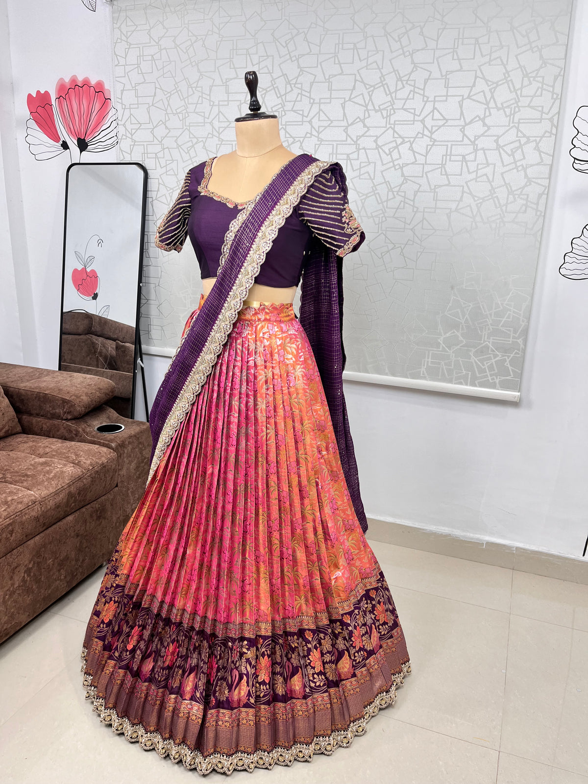Peach and Wine Kanjeevaram Kanchi Pattu Lehenga