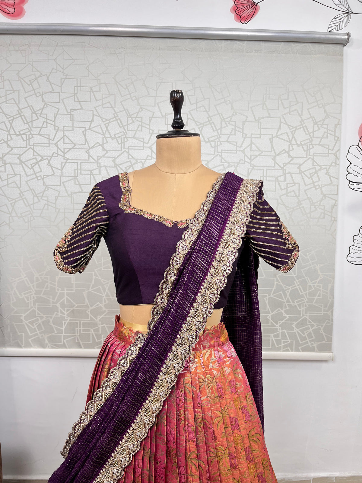 Peach and Wine Kanjeevaram Kanchi Pattu Lehenga