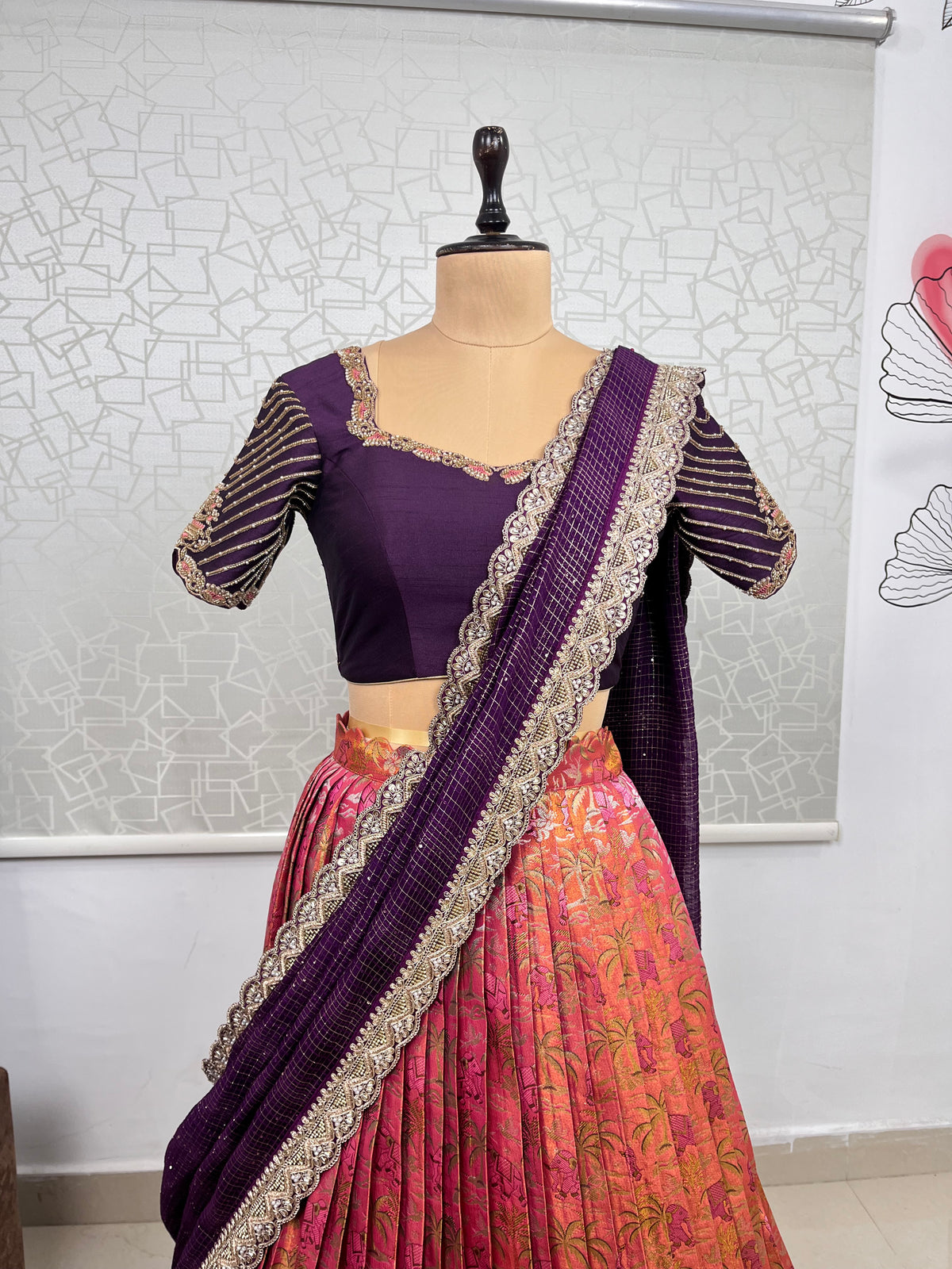 Peach and Wine Kanjeevaram Kanchi Pattu Lehenga
