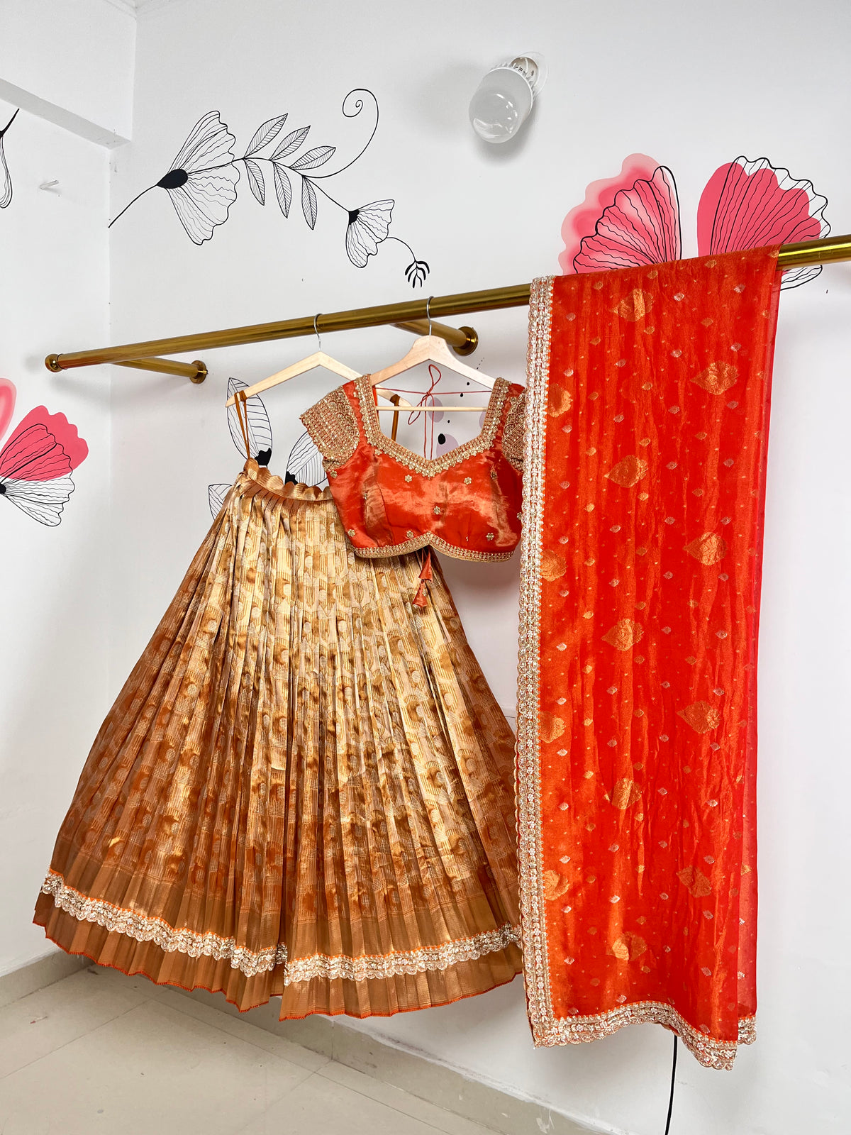 Peach and Orange Tissue Lehenga