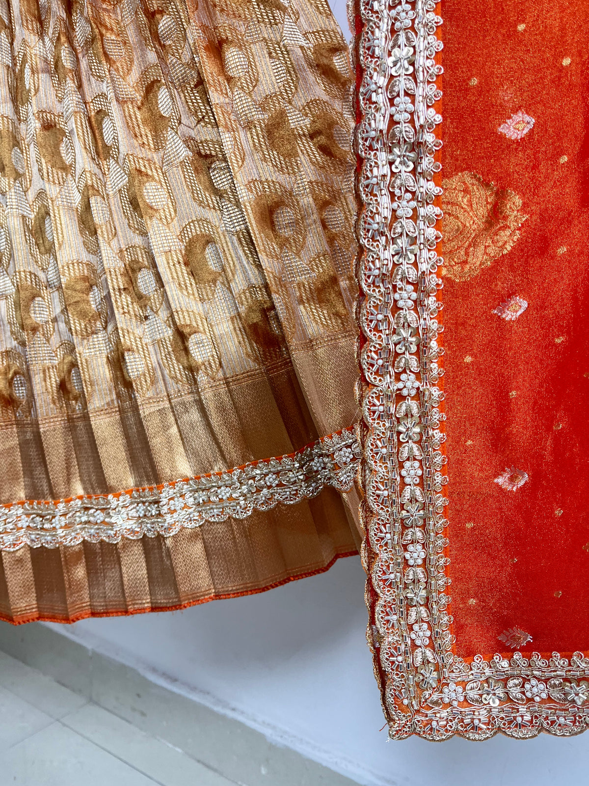 Peach and Orange Tissue Lehenga