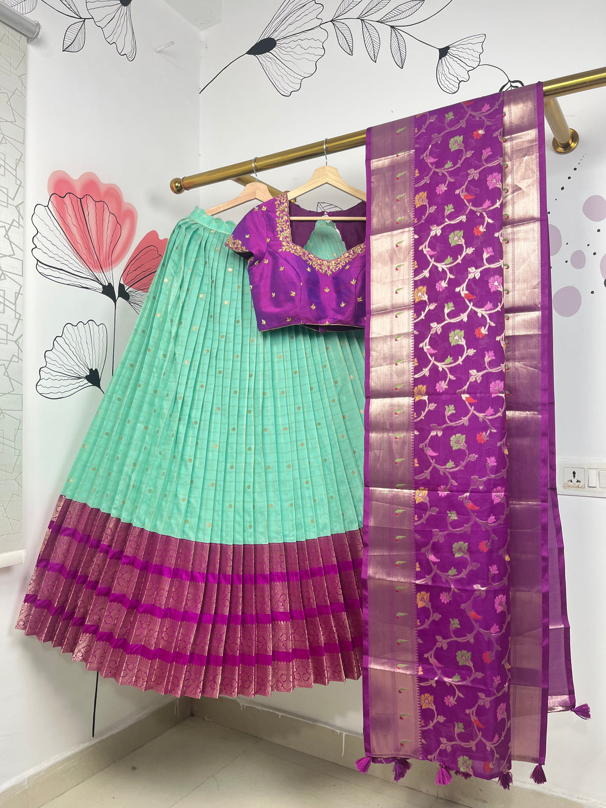 Sea Green and Wine Katan Silk Lehenga