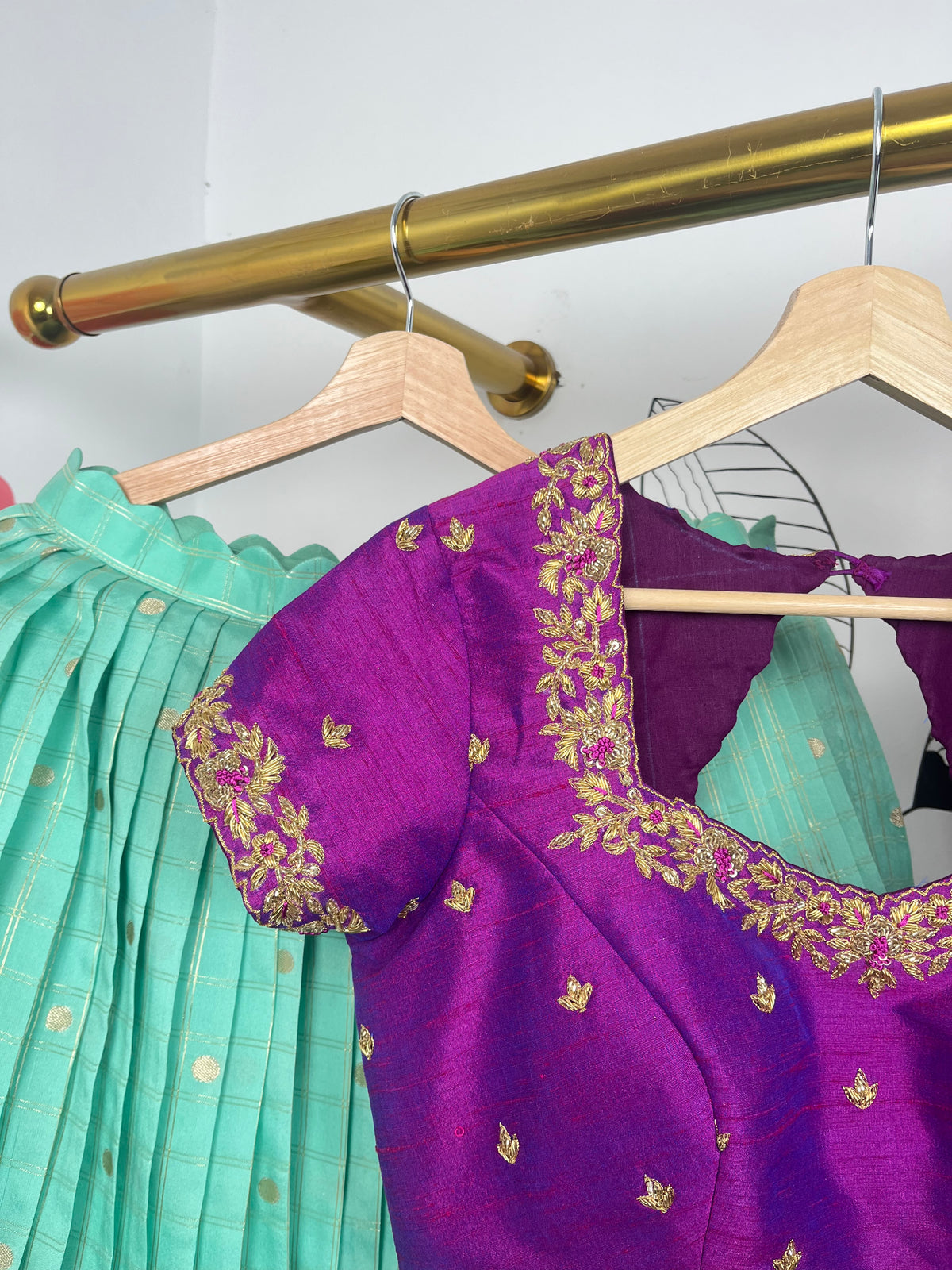 Sea Green and Wine Katan Silk Lehenga