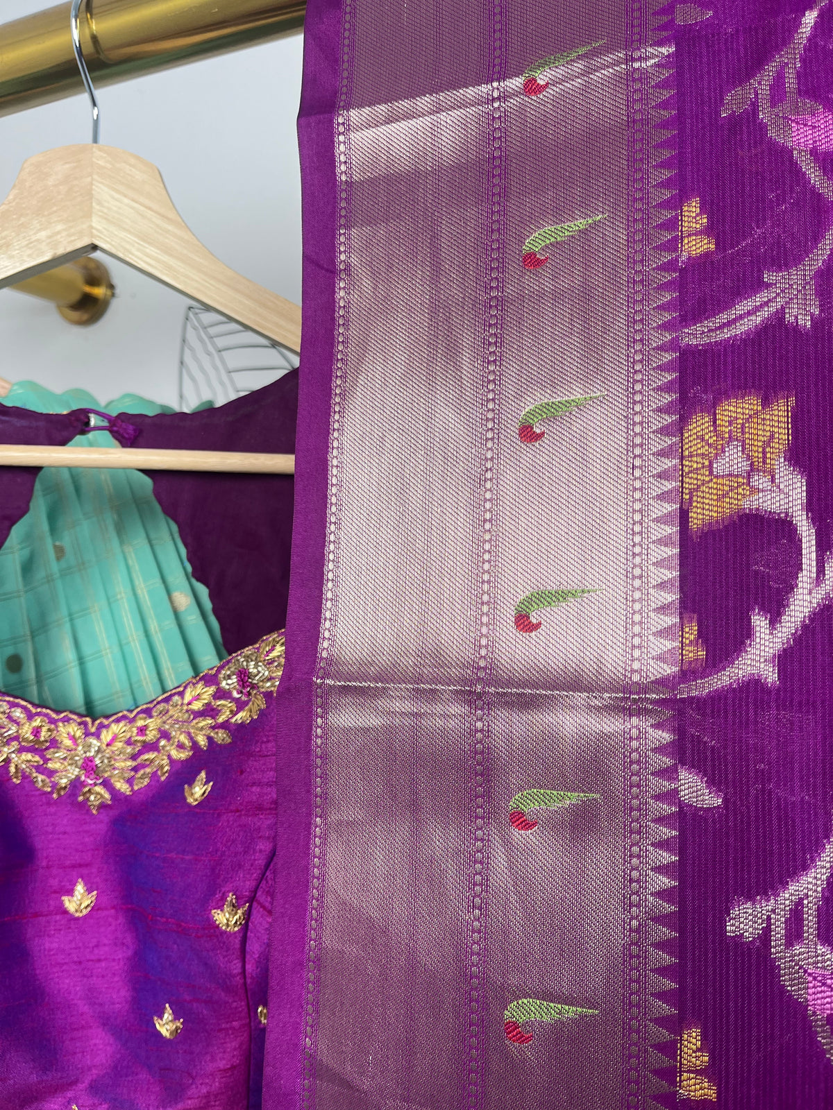 Sea Green and Wine Katan Silk Lehenga