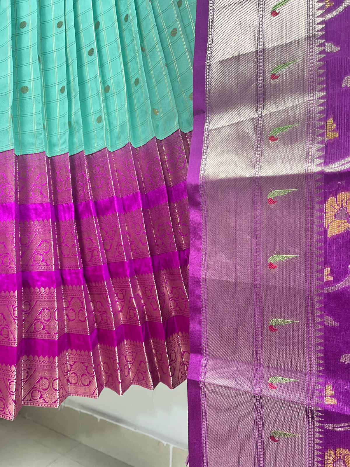 Sea Green and Wine Katan Silk Lehenga