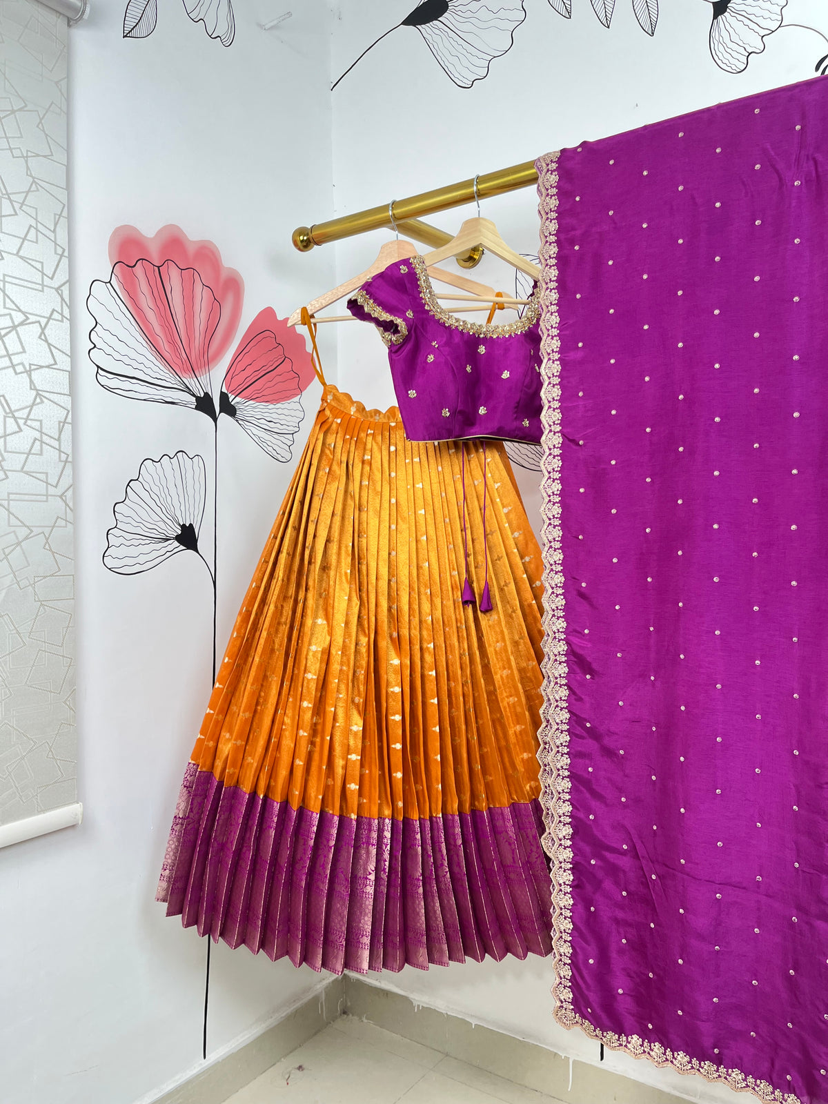 Orange and Majenta Pink Kanchi Tissue Lehenga