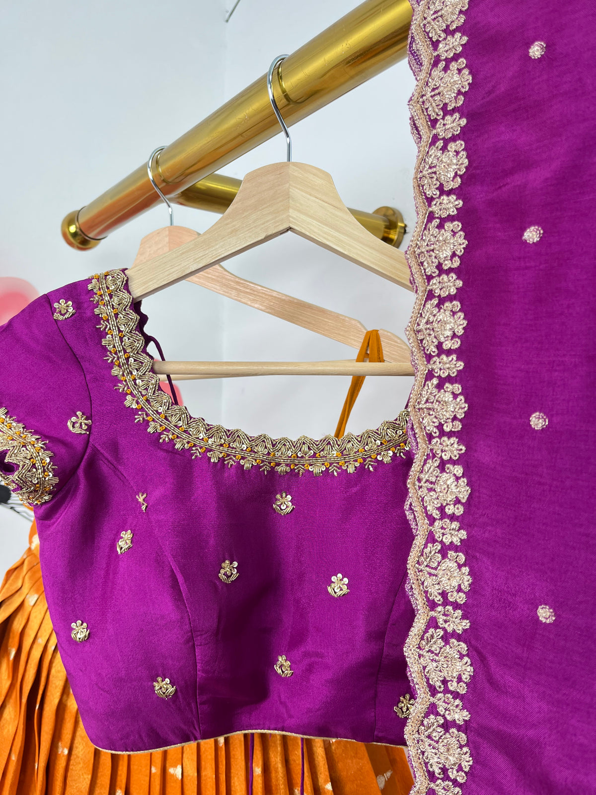Orange and Majenta Pink Kanchi Tissue Lehenga