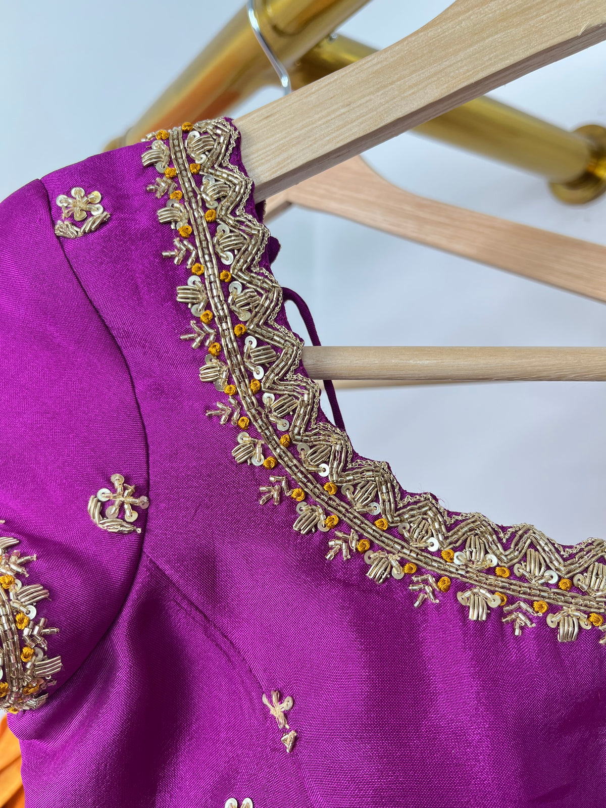 Orange and Majenta Pink Kanchi Tissue Lehenga