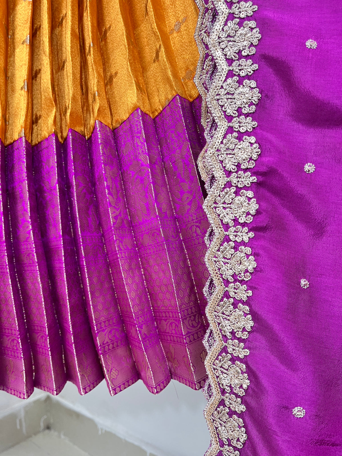 Orange and Majenta Pink Kanchi Tissue Lehenga