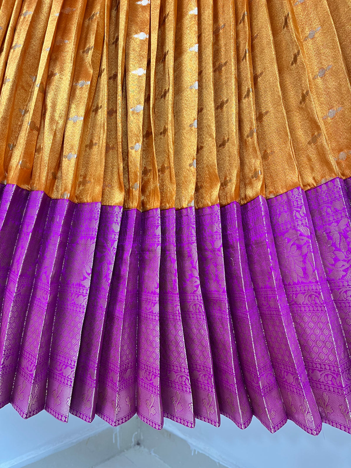 Orange and Majenta Pink Kanchi Tissue Lehenga