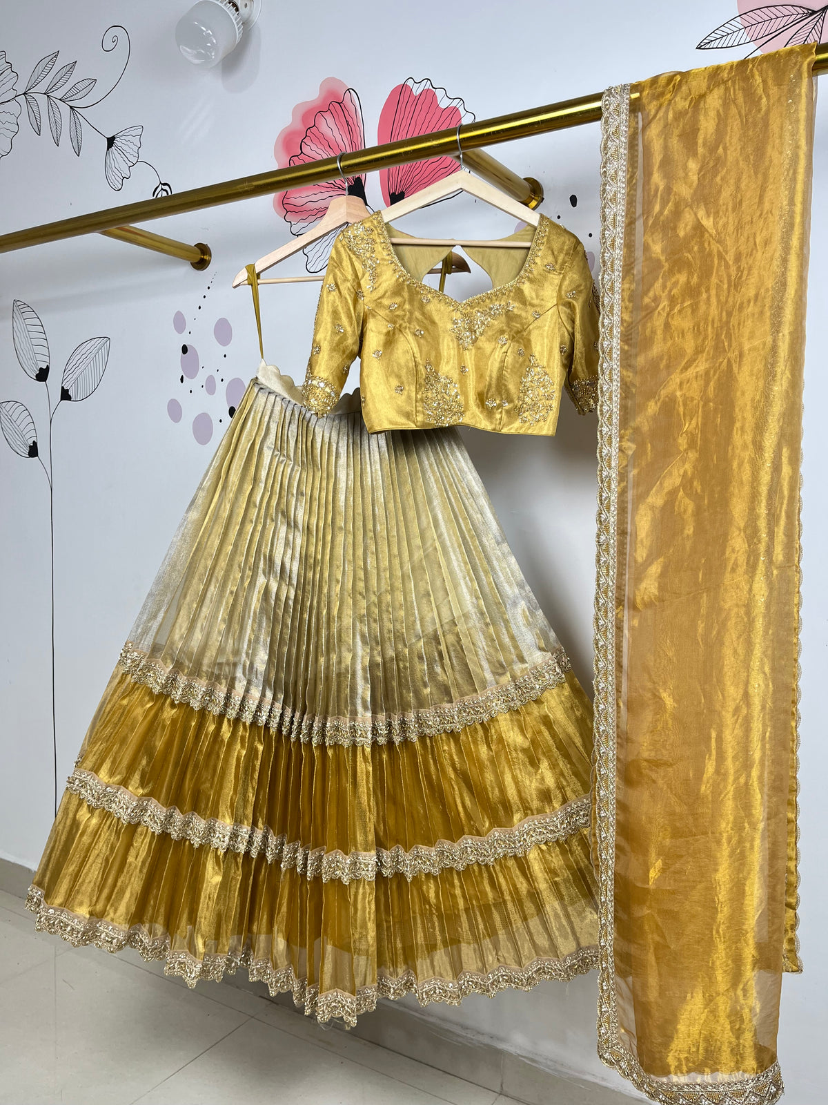 Gold and Silver Kanchi Tissue Lehenga