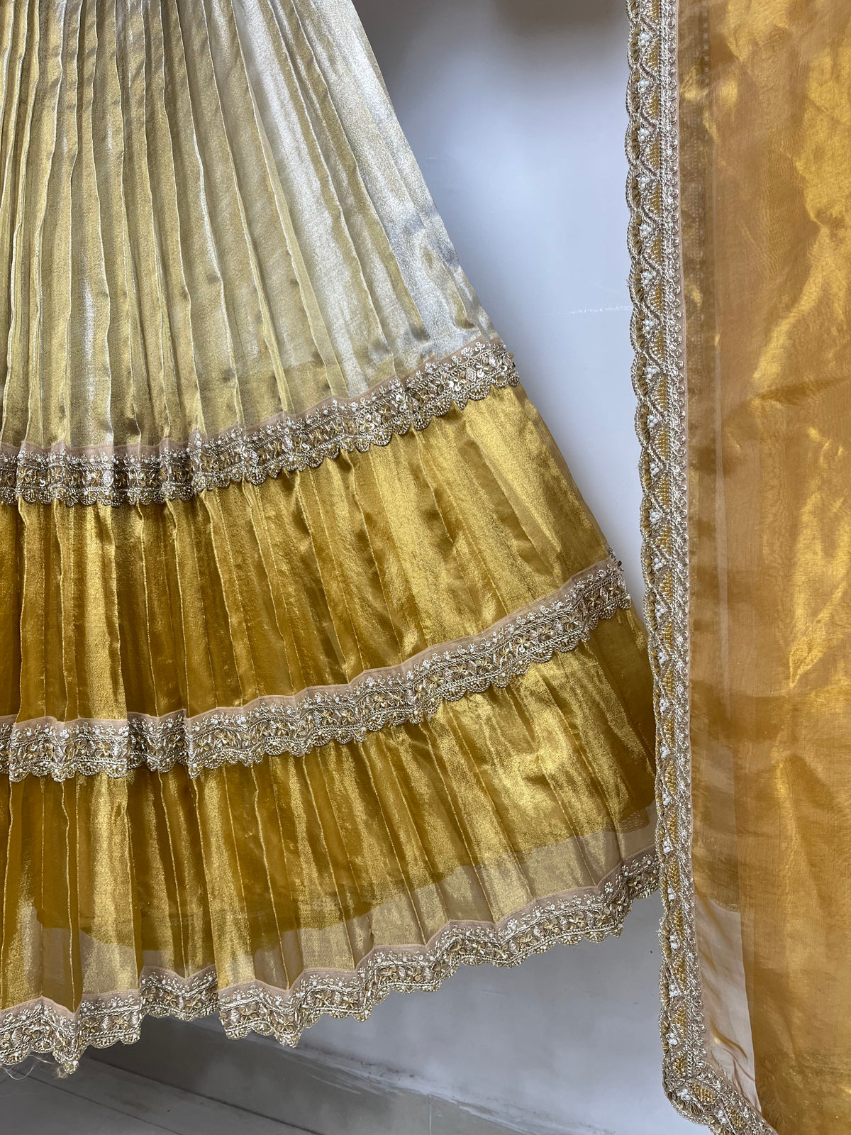 Gold and Silver Kanchi Tissue Lehenga