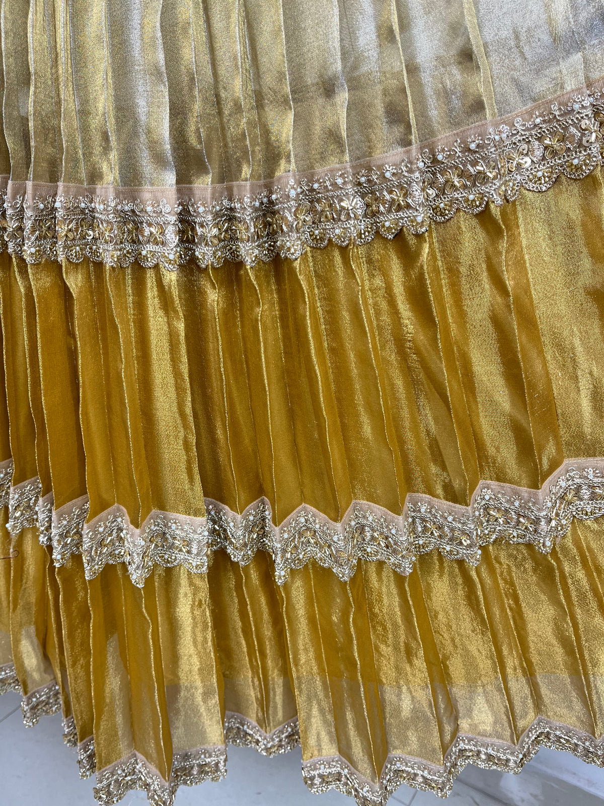 Gold and Silver Kanchi Tissue Lehenga