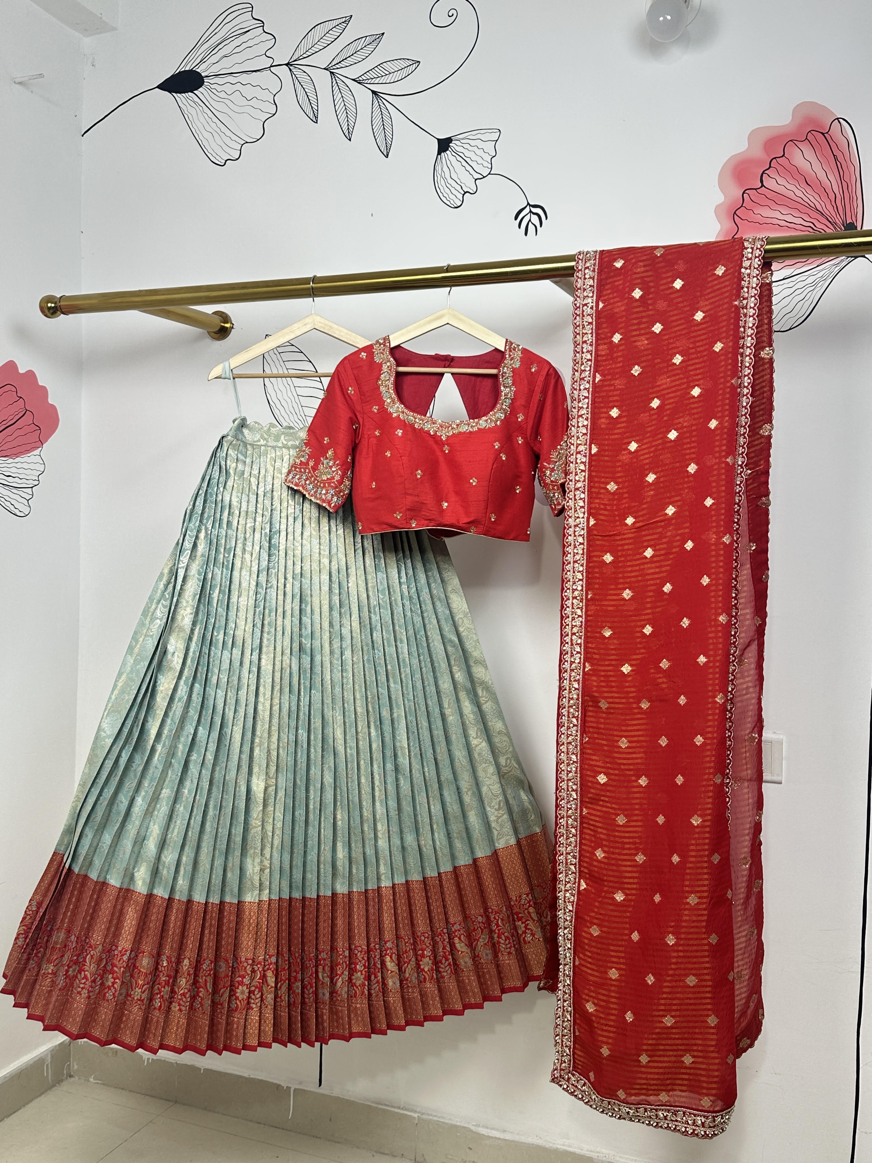 Green and Red Kanjeevam Kanchi Lehenga